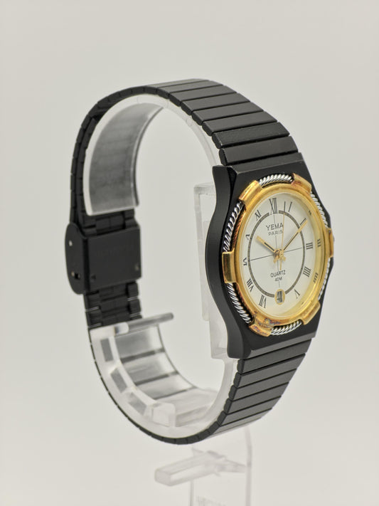 Vintage Yema Paris Watch | Black & Gold Tone, Oval Dial, Rope Bezel