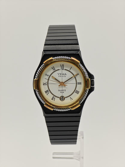 Vintage Yema Paris Watch | Black & Gold Tone, Oval Dial, Rope Bezel