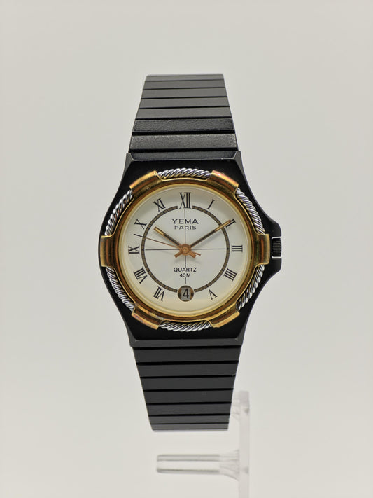 Vintage Yema Paris Watch | Black & Gold Tone, Oval Dial, Rope Bezel
