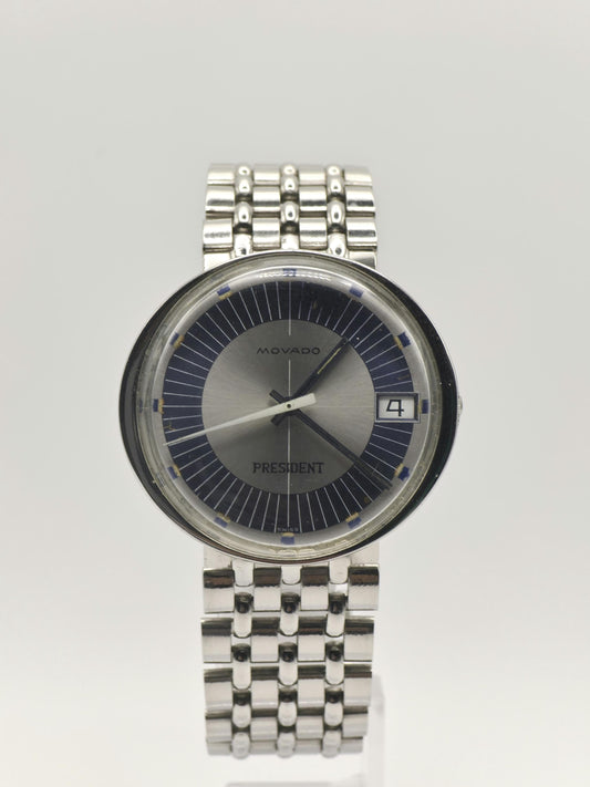 MOVADO President Vintage Men’s Watch – Swiss Made Silver & Blue Dial – 1970s Classic Design