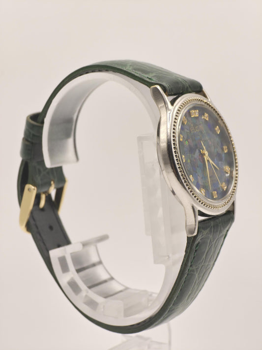 Vintage Elgin Opal Dial Watch – USA Made, Green Leather