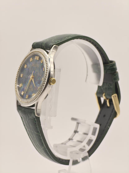 Vintage Elgin Opal Dial Watch – USA Made, Green Leather