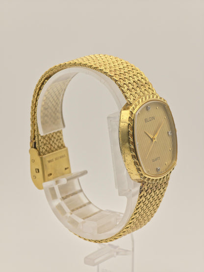 Vintage Elgin Swiss Quartz Gold-Tone Dress Watch – Diamond Index Dial & Textured Mesh Bracelet – 1980s Swiss Made
