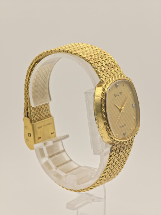 Vintage Elgin Swiss Quartz Gold-Tone Dress Watch – Diamond Index Dial & Textured Mesh Bracelet – 1980s Swiss Made