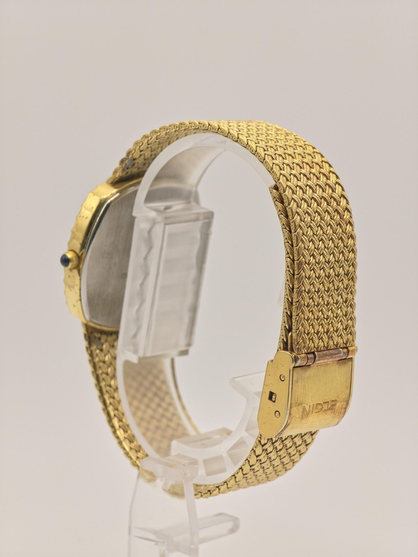 Vintage Elgin Swiss Quartz Gold-Tone Dress Watch – Diamond Index Dial & Textured Mesh Bracelet – 1980s Swiss Made