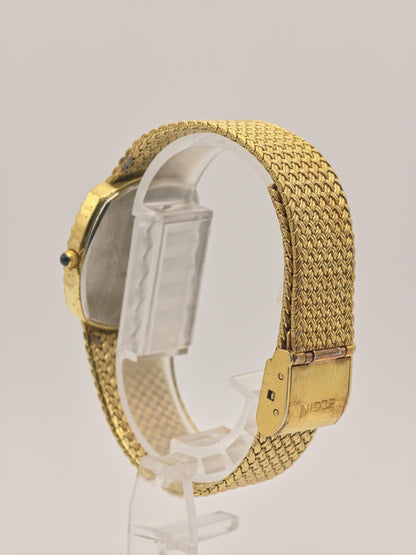Vintage Elgin Swiss Quartz Gold-Tone Dress Watch – Diamond Index Dial & Textured Mesh Bracelet – 1980s Swiss Made