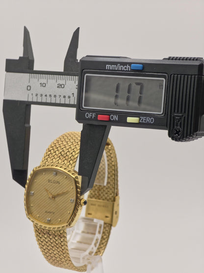 Vintage Elgin Swiss Quartz Gold-Tone Dress Watch – Diamond Index Dial & Textured Mesh Bracelet – 1980s Swiss Made