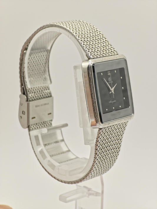 Vintage CYMA Navystar Quartz | Swiss Made Black Dial Rectangular Watch | Stainless Steel Mesh Bracelet | Elegant Unisex Dress Timepiece