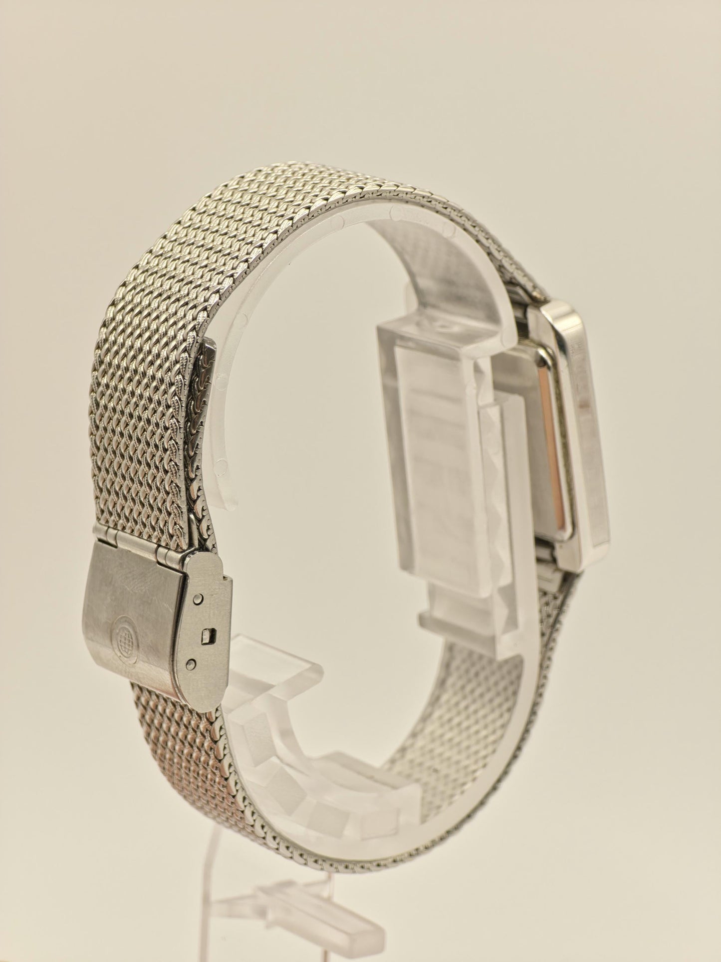 Vintage CYMA Navystar Quartz | Swiss Made Black Dial Rectangular Watch | Stainless Steel Mesh Bracelet | Elegant Unisex Dress Timepiece