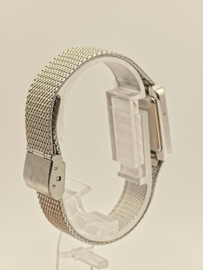 Vintage CYMA Navystar Quartz | Swiss Made Black Dial Rectangular Watch | Stainless Steel Mesh Bracelet | Elegant Unisex Dress Timepiece