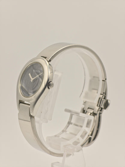 Vintage Gucci Quartz Watch | Swiss Made Women’s Bracelet Watch | Black Dial & Silver-Tone Case | 1990s–2000s Minimalist Luxury Timepiece