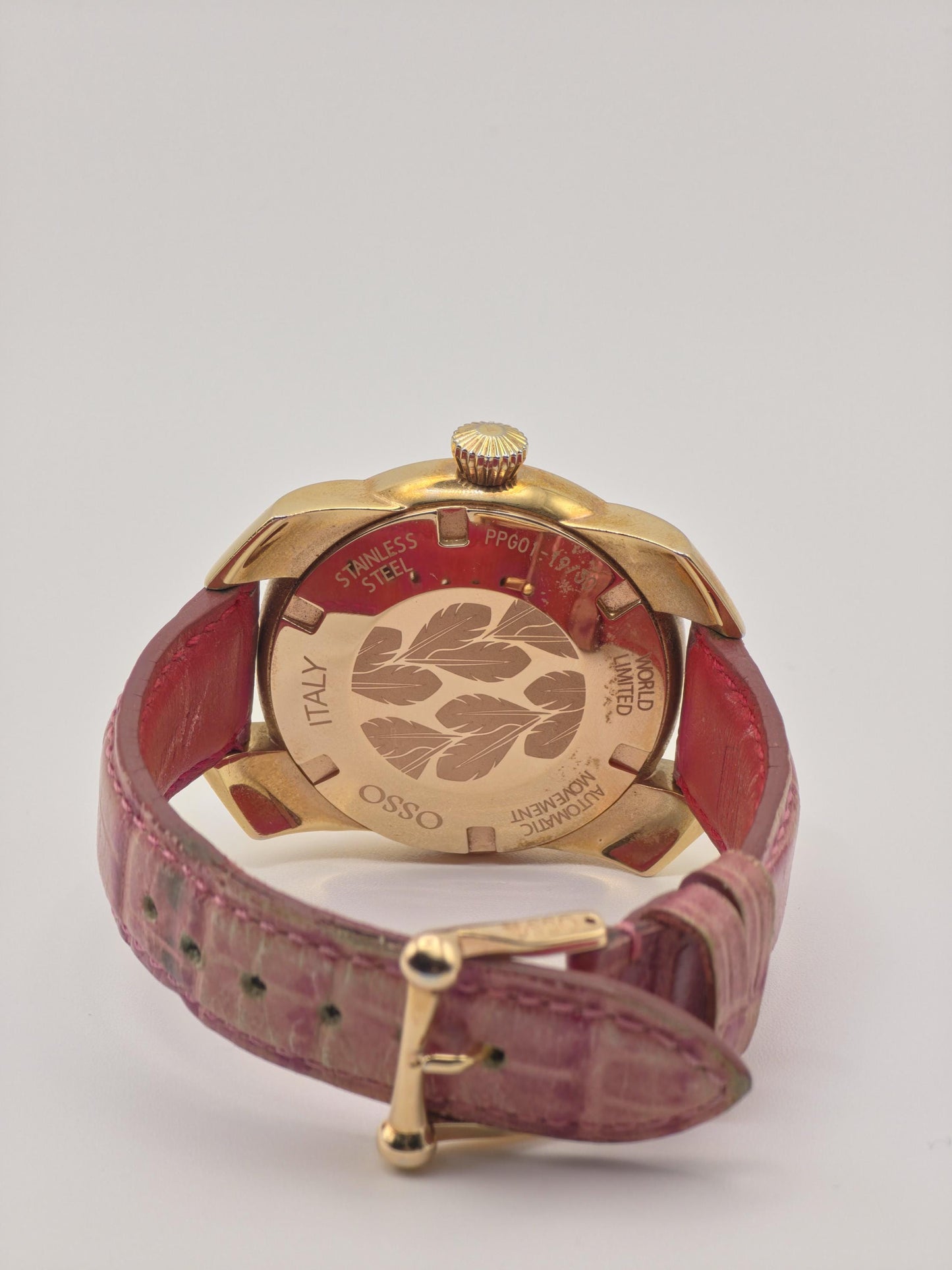 OSSO ITALY Automatic mens Watch – Gold Case, Pink Leather Strap, Box & Warranty