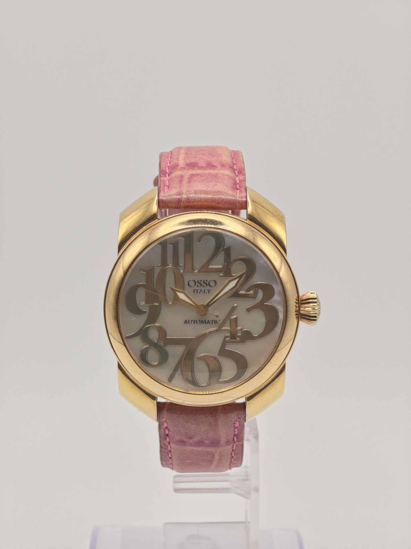 OSSO ITALY Automatic mens Watch – Gold Case, Pink Leather Strap, Box & Warranty