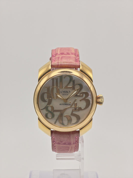 OSSO ITALY Automatic mens Watch – Gold Case, Pink Leather Strap, Box & Warranty