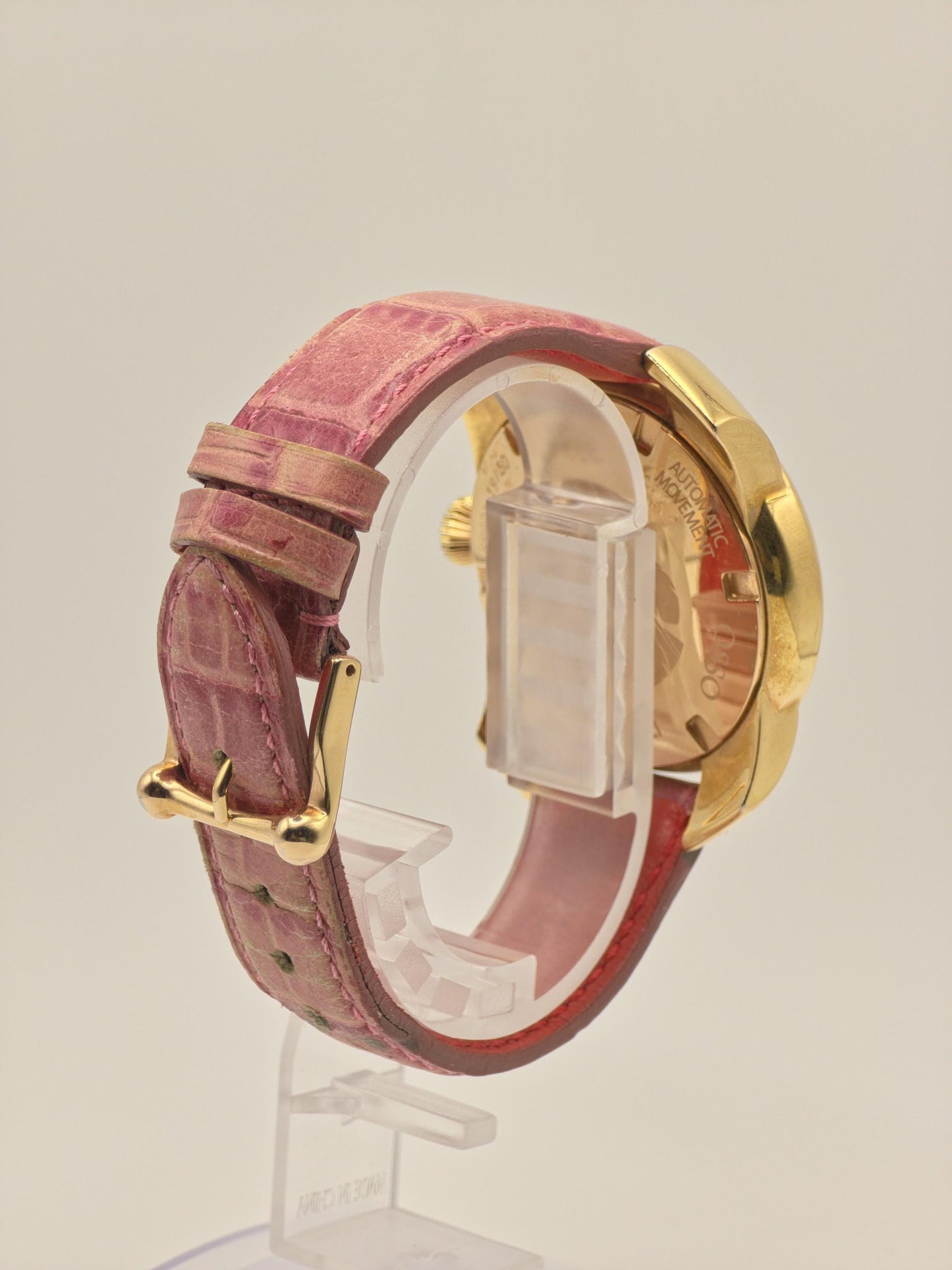 OSSO ITALY Automatic mens Watch – Gold Case, Pink Leather Strap, Box & Warranty