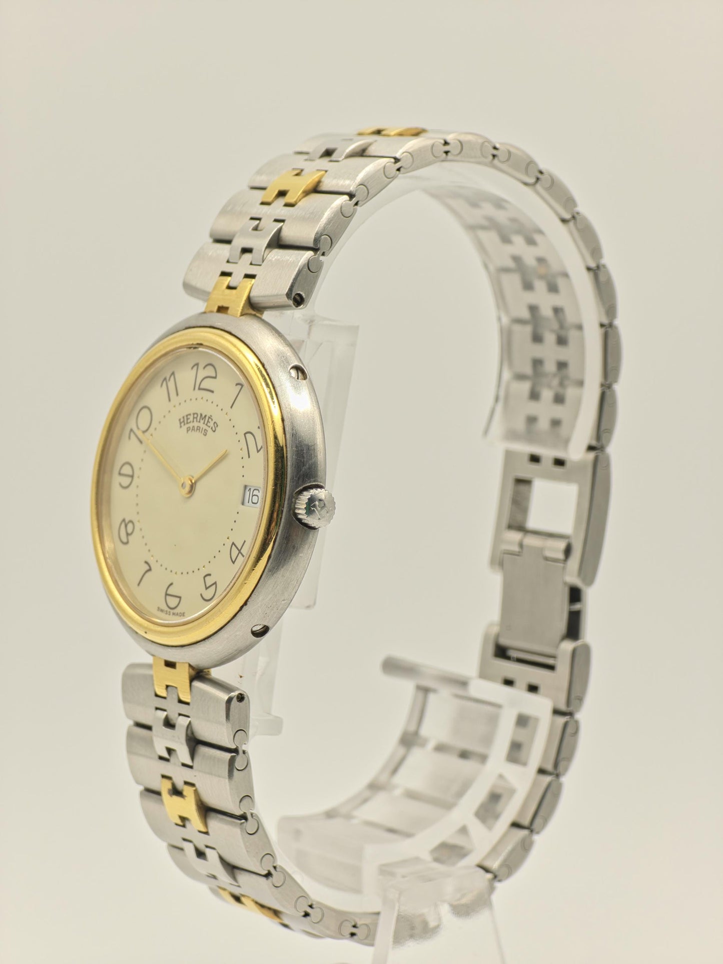 Vintage Hermès Paris Two-Tone Watch | Swiss Made Clipper Style | Cream Dial & Date | Stainless Steel/Gold Dress Timepiece