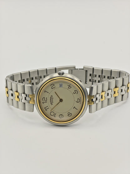 Vintage Hermès Paris Two-Tone Watch | Swiss Made Clipper Style | Cream Dial & Date | Stainless Steel/Gold Dress Timepiece