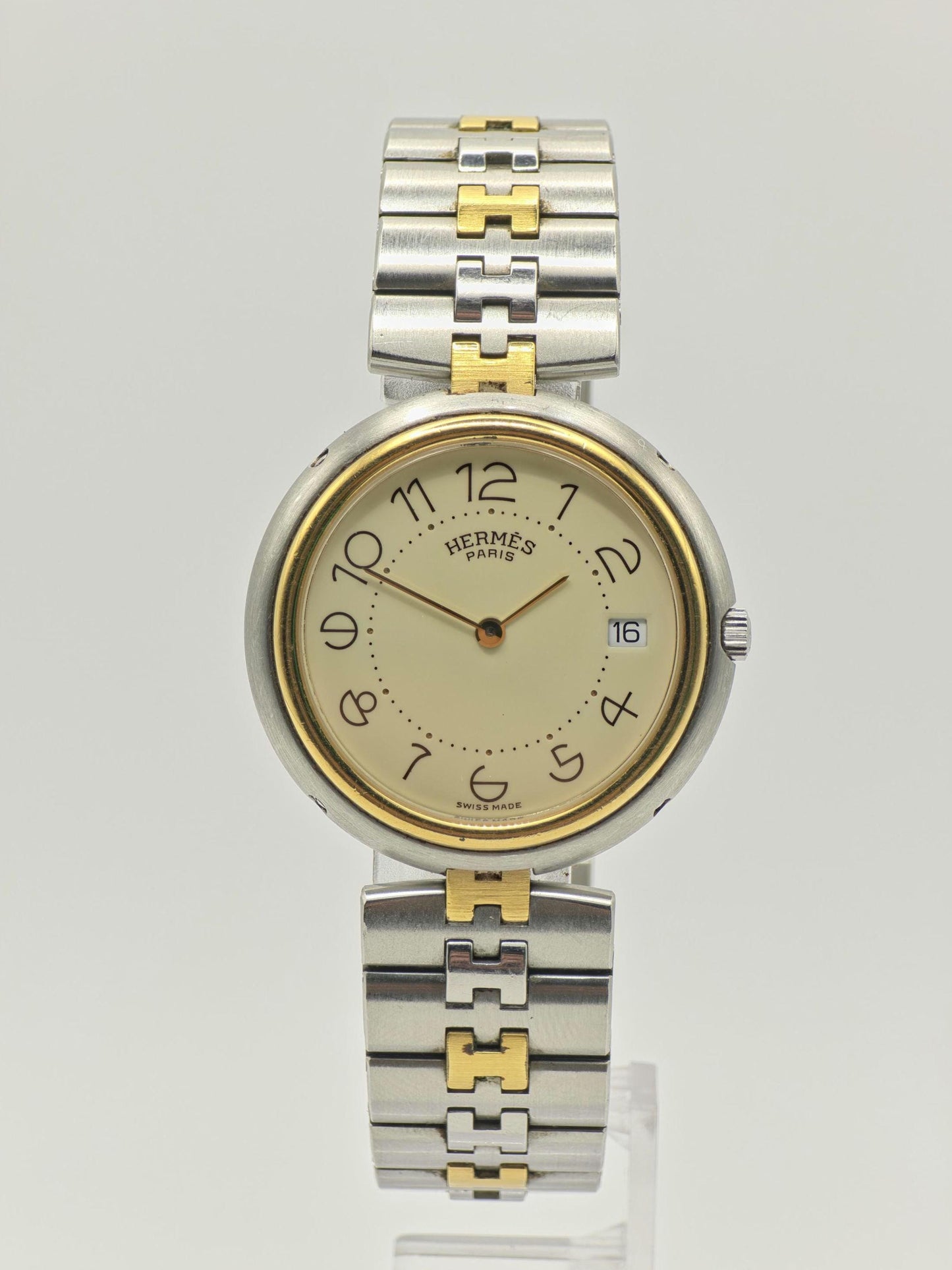 Vintage Hermès Paris Two-Tone Watch | Swiss Made Clipper Style | Cream Dial & Date | Stainless Steel/Gold Dress Timepiece