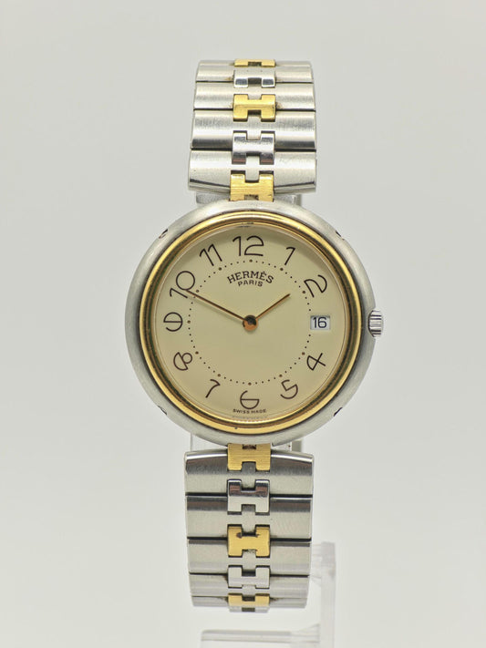 Vintage Hermès Paris Two-Tone Watch | Swiss Made Clipper Style | Cream Dial & Date | Stainless Steel/Gold Dress Timepiece