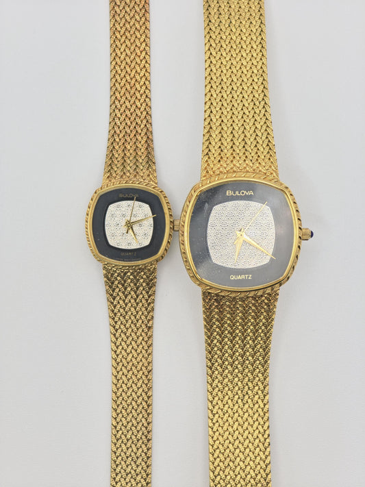 Vintage Bulova Couple Watch Set | Gold-Tone Diamond-Style Dial, Swiss Quartz