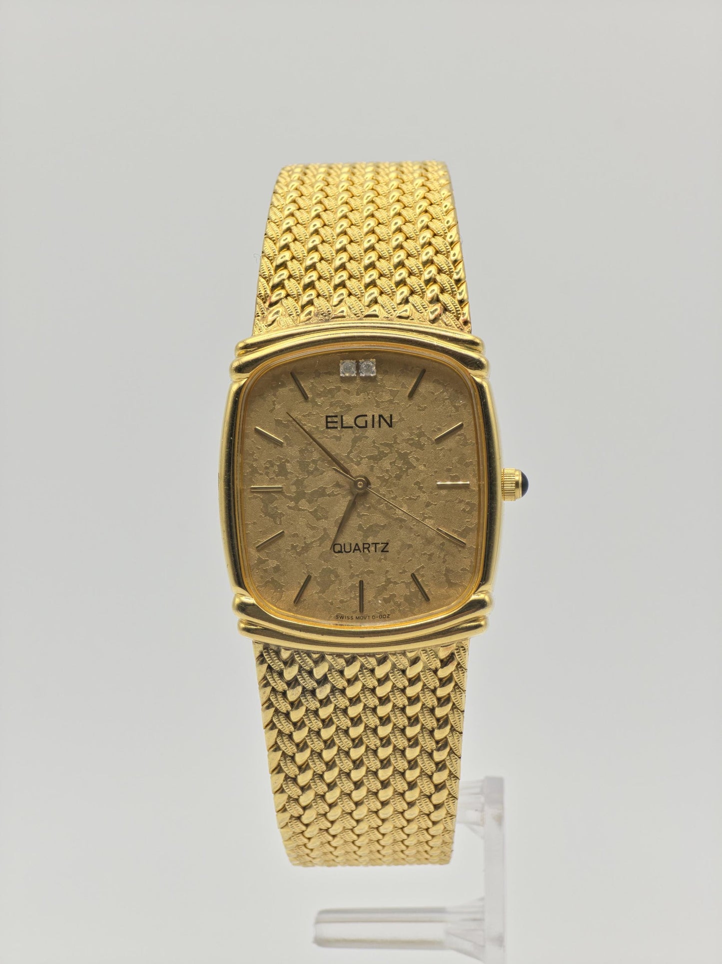 Vintage Elgin Gold-Tone Watch | Swiss Quartz | Textured Gold Dial & Diamond-Style Markers | Elegant Dress Timepiece
