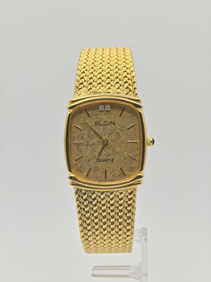Vintage Elgin Gold-Tone Watch | Swiss Quartz | Textured Gold Dial & Diamond-Style Markers | Elegant Dress Timepiece