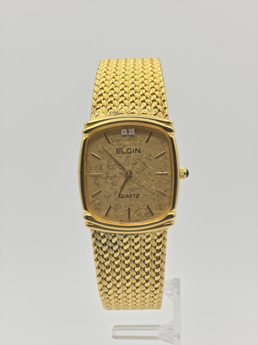 Vintage Elgin Gold-Tone Watch | Swiss Quartz | Textured Gold Dial & Diamond-Style Markers | Elegant Dress Timepiece