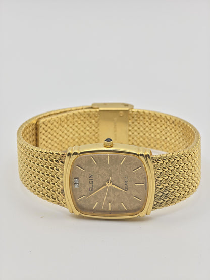 Vintage Elgin Gold-Tone Watch | Swiss Quartz | Textured Gold Dial & Diamond-Style Markers | Elegant Dress Timepiece