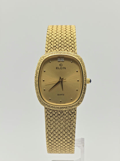 Vintage Elgin Gold-Tone Watch | Swiss Quartz, Engraved Bezel