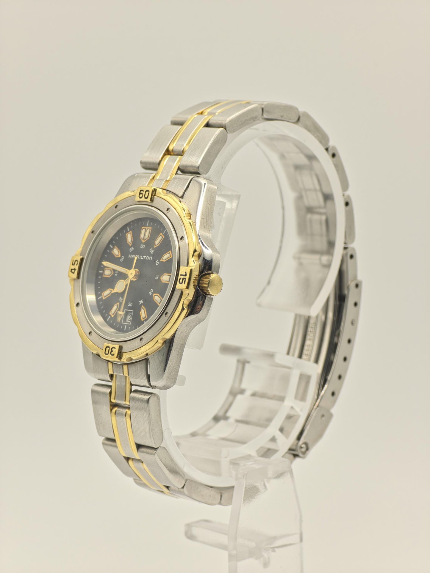 Vintage Hamilton Two-Tone Watch | Swiss Quartz, Black Dial (Original Box + Links)