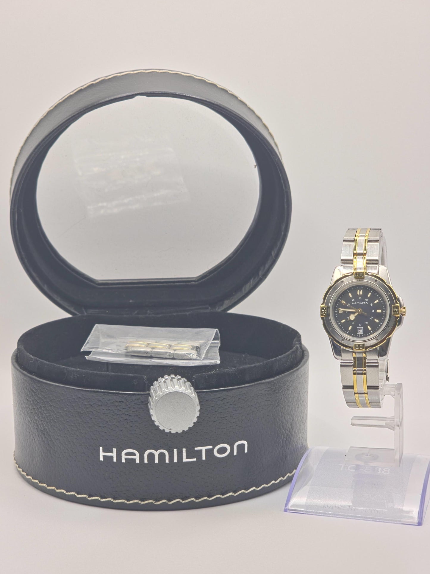 Vintage Hamilton Two-Tone Watch | Swiss Quartz, Black Dial (Original Box + Links)