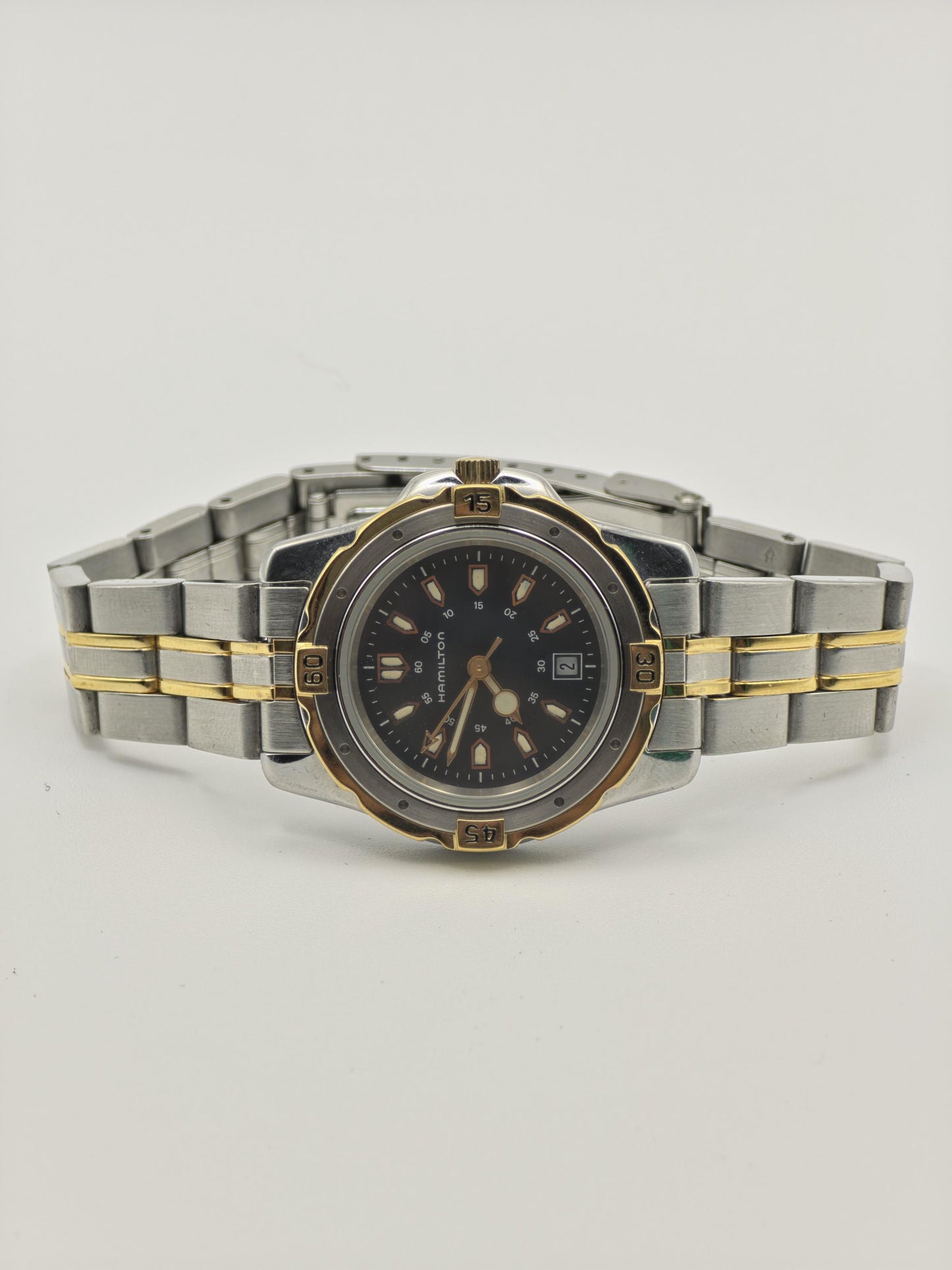 Vintage Hamilton Two-Tone Watch | Swiss Quartz, Black Dial (Original Box + Links)
