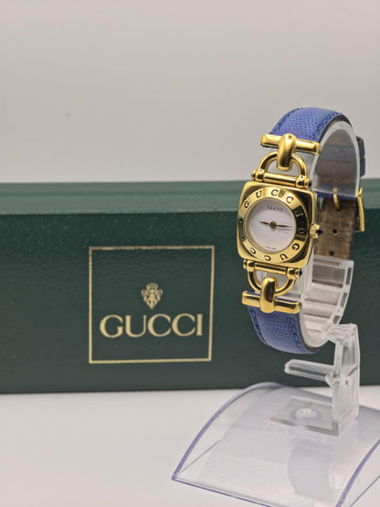 Vintage Gucci 6300L Gold-Tone Ladies Watch | Swiss Made Quartz | Blue Leather Strap | With Original Box | Elegant Designer Dress Timepiece