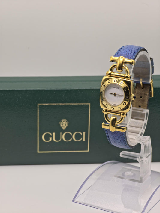 Vintage Gucci 6300L Gold-Tone Ladies Watch | Swiss Made Quartz | Blue Leather Strap | With Original Box | Elegant Designer Dress Timepiece