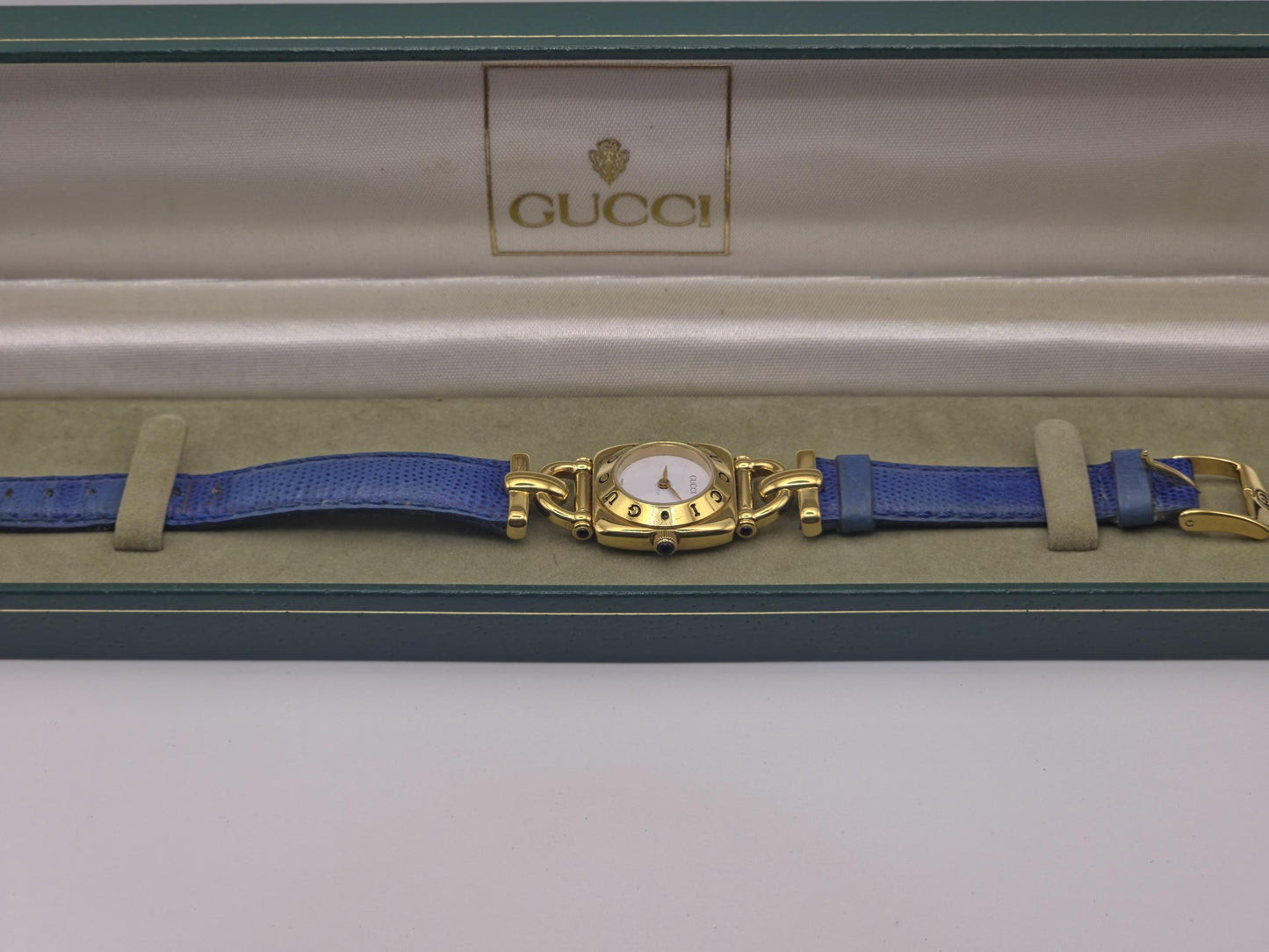 Vintage Gucci 6300L Gold-Tone Ladies Watch | Swiss Made Quartz | Blue Leather Strap | With Original Box | Elegant Designer Dress Timepiece