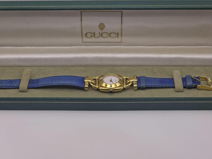 Vintage Gucci 6300L Gold-Tone Ladies Watch | Swiss Made Quartz | Blue Leather Strap | With Original Box | Elegant Designer Dress Timepiece