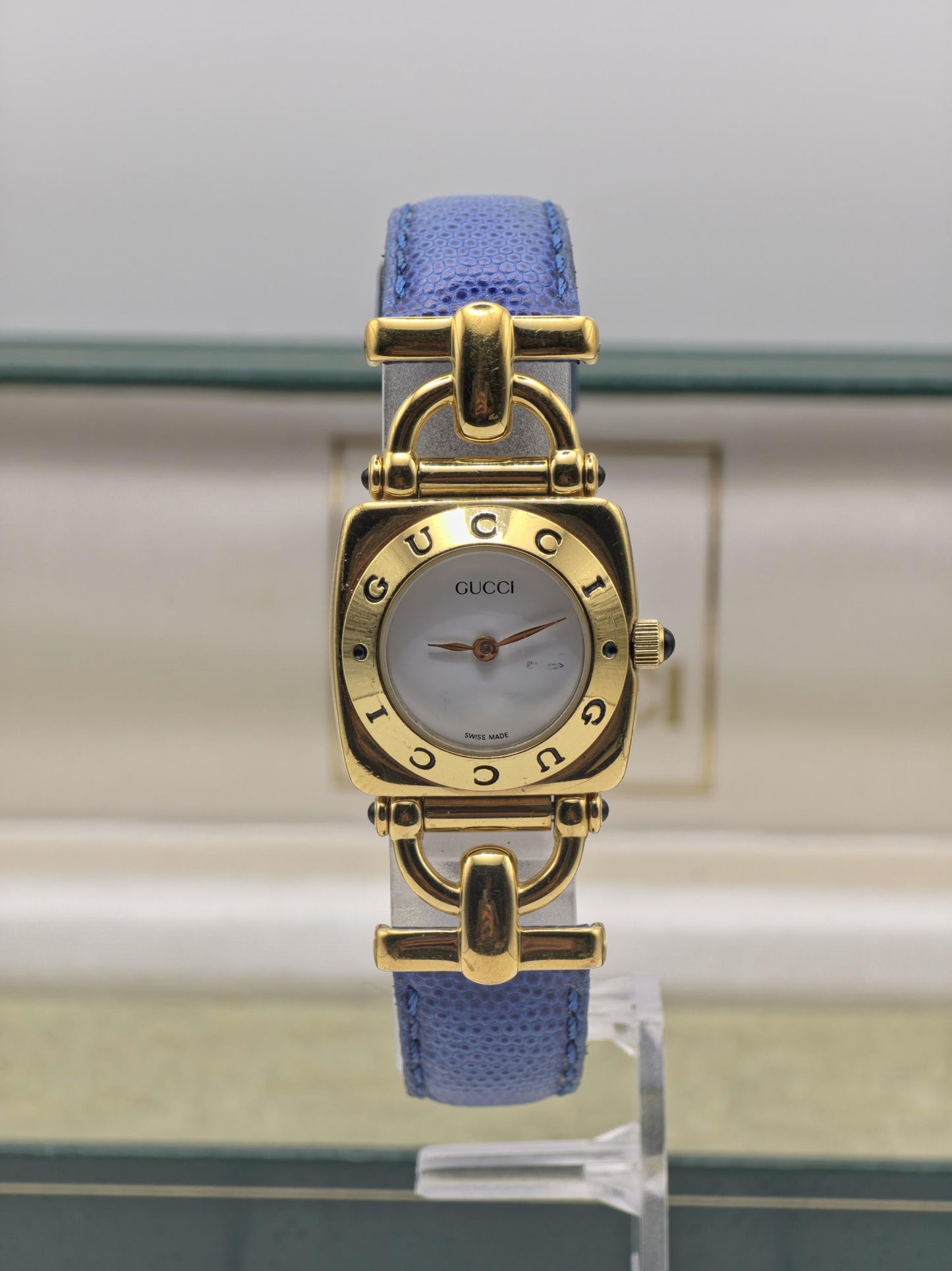 Vintage Gucci 6300L Gold-Tone Ladies Watch | Swiss Made Quartz | Blue Leather Strap | With Original Box | Elegant Designer Dress Timepiece