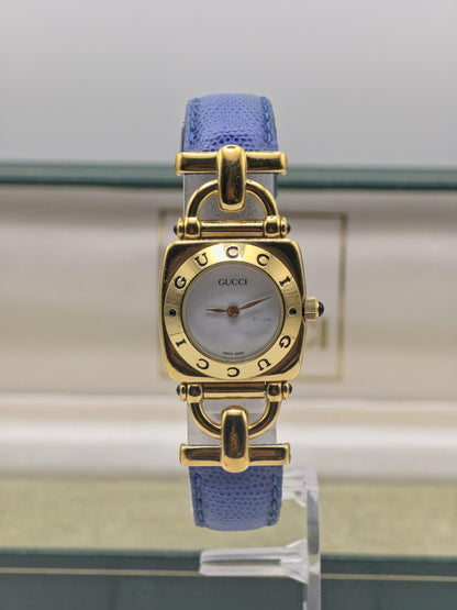 Vintage Gucci 6300L Gold-Tone Ladies Watch | Swiss Made Quartz | Blue Leather Strap | With Original Box | Elegant Designer Dress Timepiece