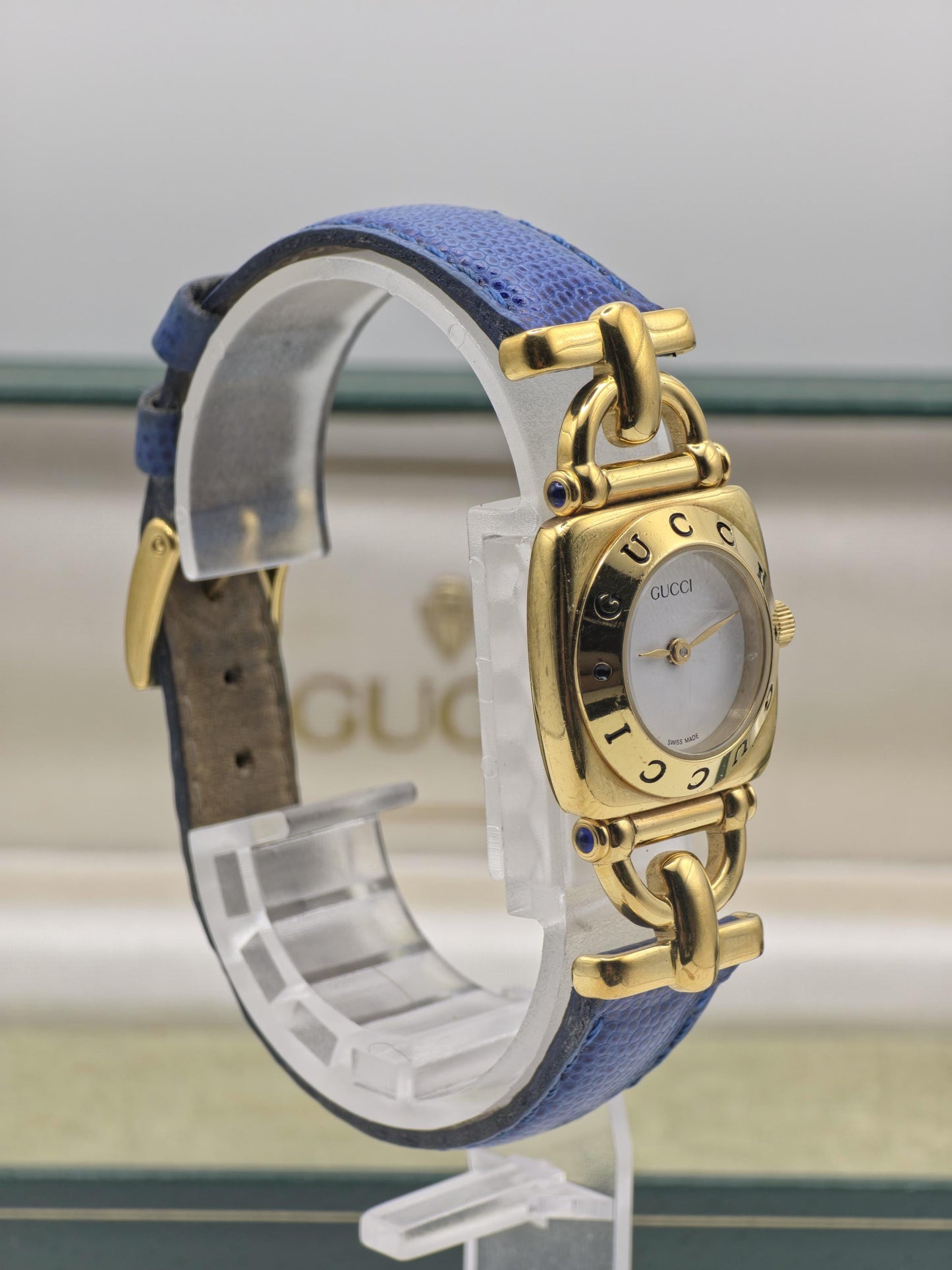 Vintage Gucci 6300L Gold-Tone Ladies Watch | Swiss Made Quartz | Blue Leather Strap | With Original Box | Elegant Designer Dress Timepiece