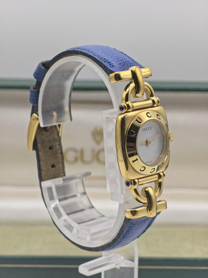 Vintage Gucci 6300L Gold-Tone Ladies Watch | Swiss Made Quartz | Blue Leather Strap | With Original Box | Elegant Designer Dress Timepiece