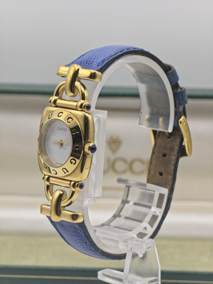 Vintage Gucci 6300L Gold-Tone Ladies Watch | Swiss Made Quartz | Blue Leather Strap | With Original Box | Elegant Designer Dress Timepiece