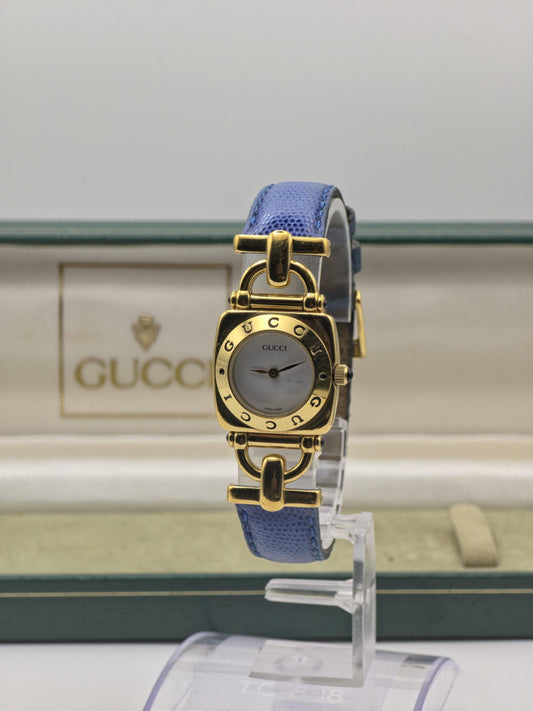 Vintage Gucci 6300L Gold-Tone Ladies Watch | Swiss Made Quartz | Blue Leather Strap | With Original Box | Elegant Designer Dress Timepiece