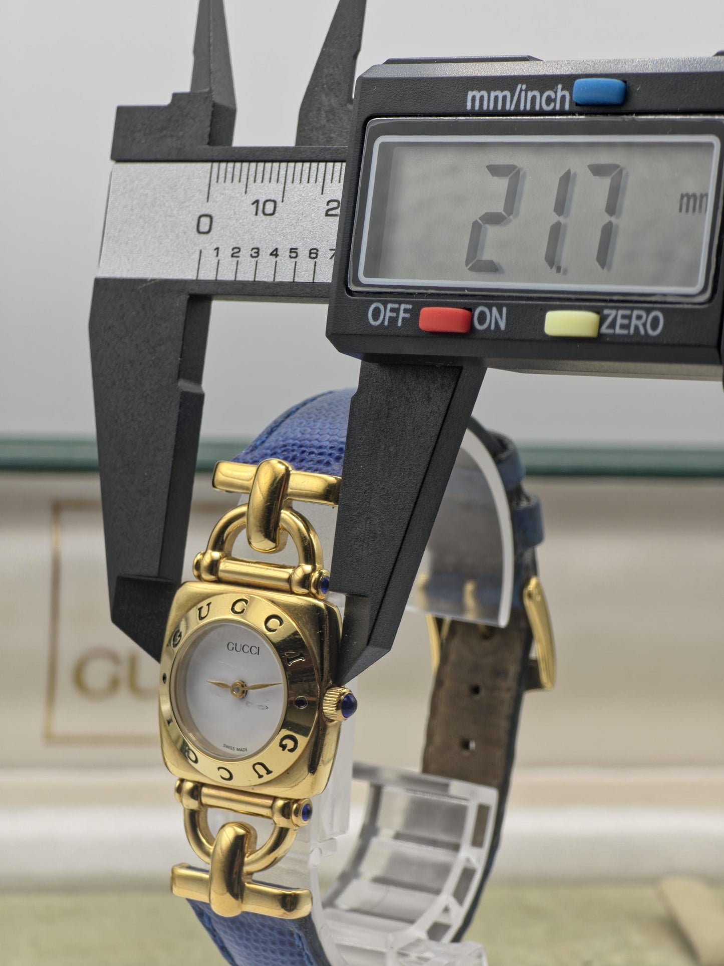 Vintage Gucci 6300L Gold-Tone Ladies Watch | Swiss Made Quartz | Blue Leather Strap | With Original Box | Elegant Designer Dress Timepiece