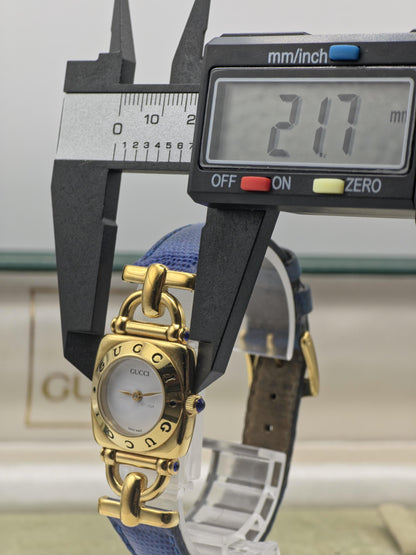 Vintage Gucci 6300L Gold-Tone Ladies Watch | Swiss Made Quartz | Blue Leather Strap | With Original Box | Elegant Designer Dress Timepiece