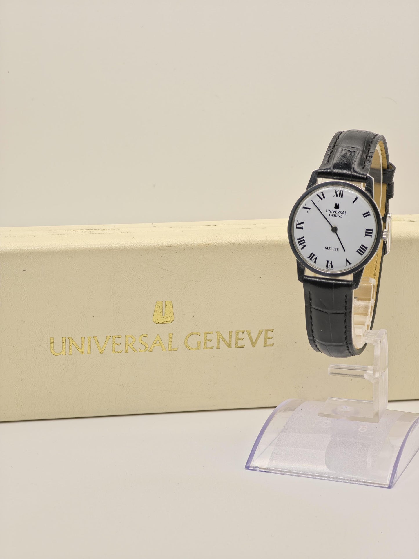 Vintage Universal Genève Altesse Watch | Swiss Mechanical, Black Leather, w/ Box