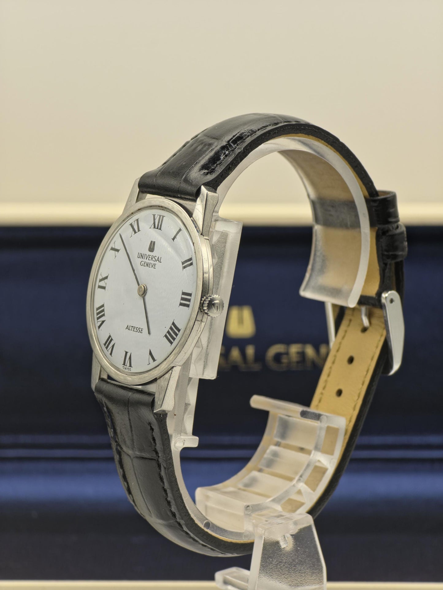 Vintage Universal Genève Altesse Watch | Swiss Mechanical, Black Leather, w/ Box