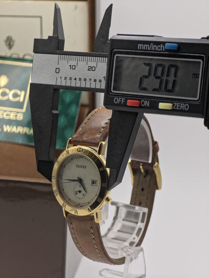GUCCI 3800JR Quartz Men Watch – Gold-Tone Bezel, Small Seconds Subdial, Date Display – Swiss Made Vintage Dress Watch – With Original Box