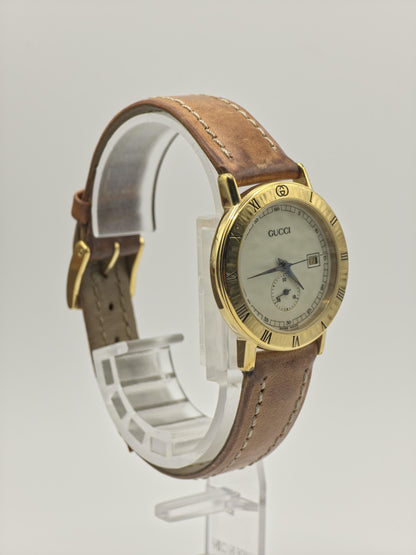 GUCCI 3800JR Quartz Men Watch – Gold-Tone Bezel, Small Seconds Subdial, Date Display – Swiss Made Vintage Dress Watch – With Original Box