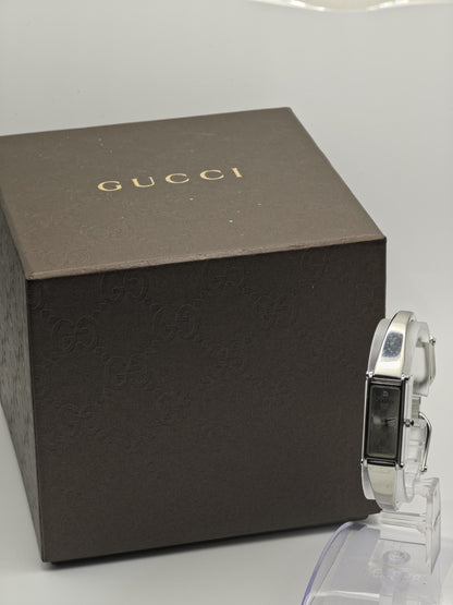 Gucci 1500L Womens Silver Bangle Watch Swiss Made Quartz GG Monogram Dial With Box And Warranty