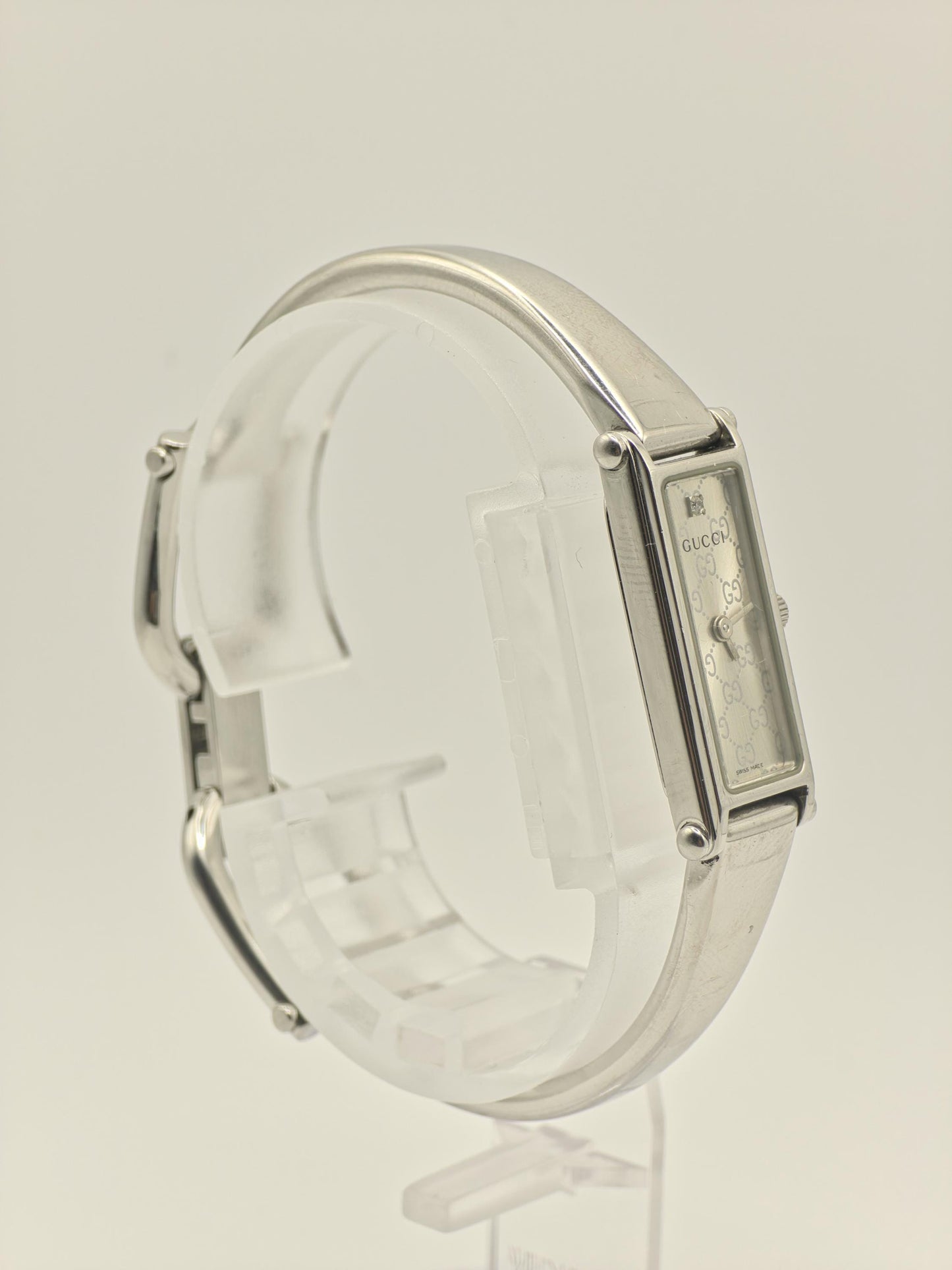 Gucci 1500L Womens Silver Bangle Watch Swiss Made Quartz GG Monogram Dial With Box And Warranty
